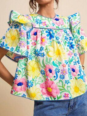 Baby Blue Boho Women's Round Neck Butterfly Print Loose Cap Sleeve Blouse